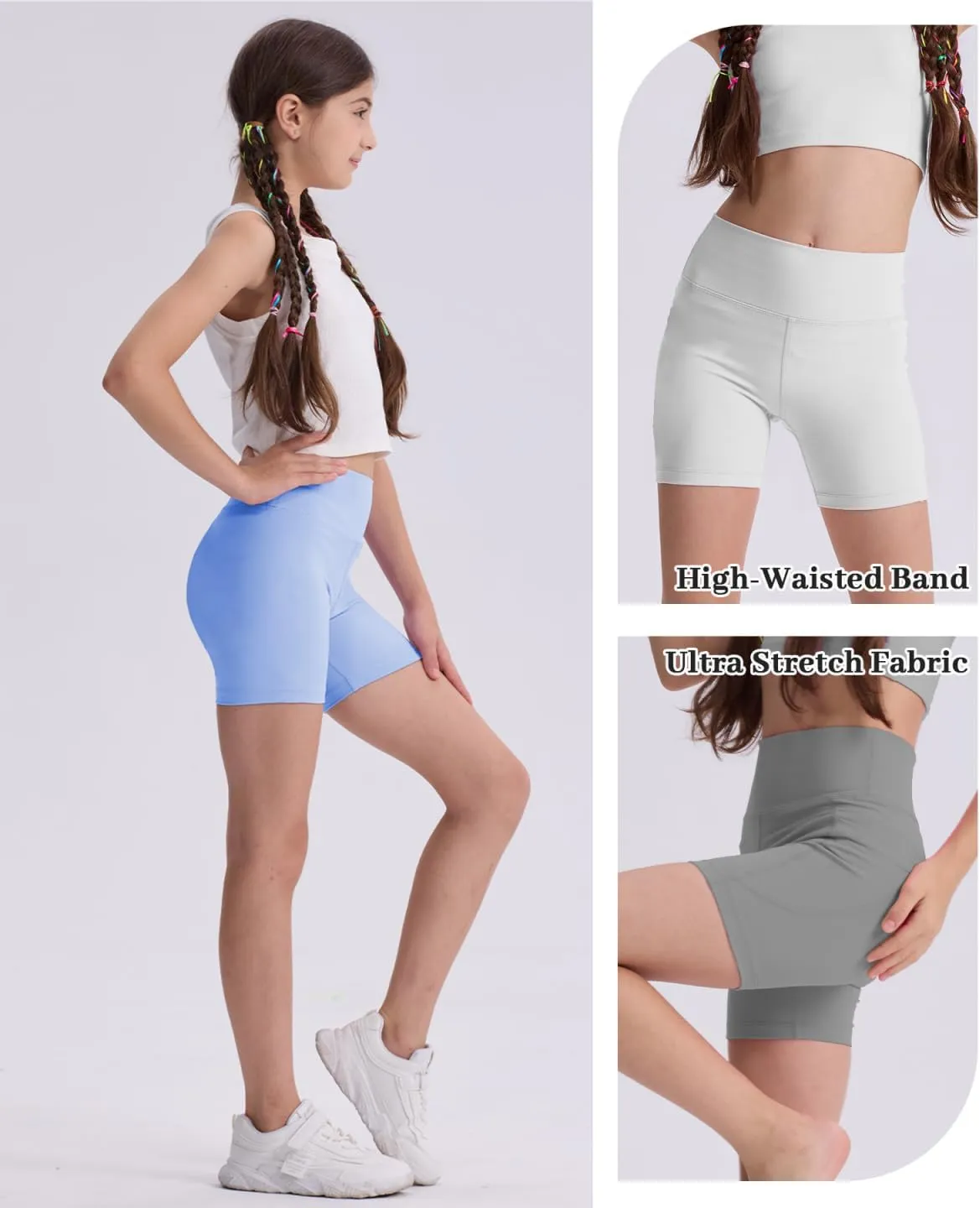 3 Pack Girls 4'' High Waisted Black Biker Shorts, Athletic Running Yoga Shorts for Kids Teen