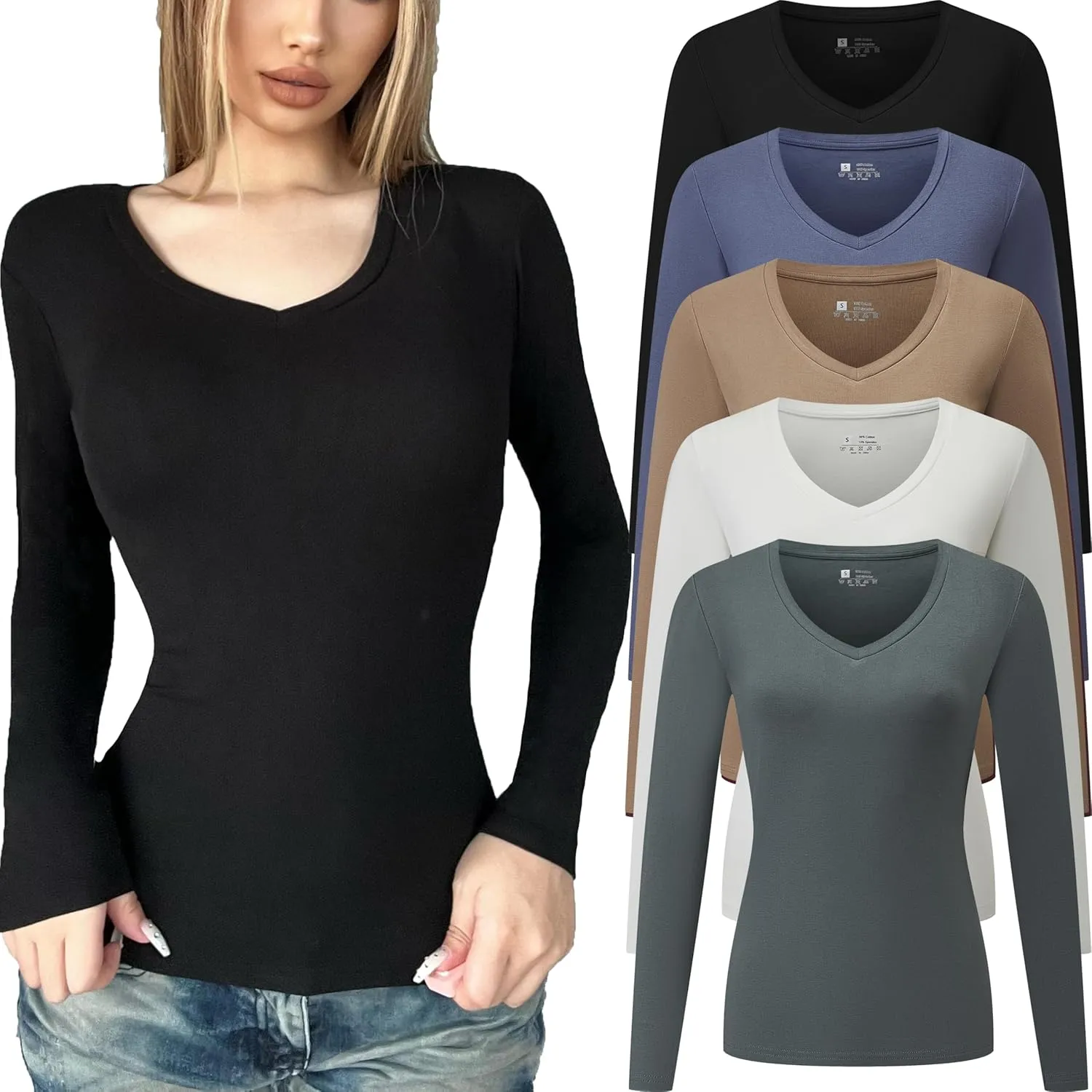 5 Pack Women's T-Shirt Long Sleeve V Neck Tops Cotton Bodycon Fall Winter Slim Fit Tunics Going Out Tees