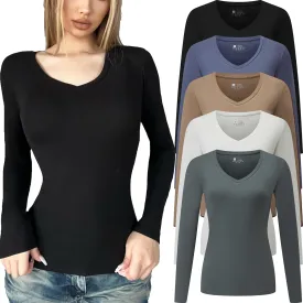 5 Pack Women's T-Shirt Long Sleeve V Neck Tops Cotton Bodycon Fall Winter Slim Fit Tunics Going Out Tees