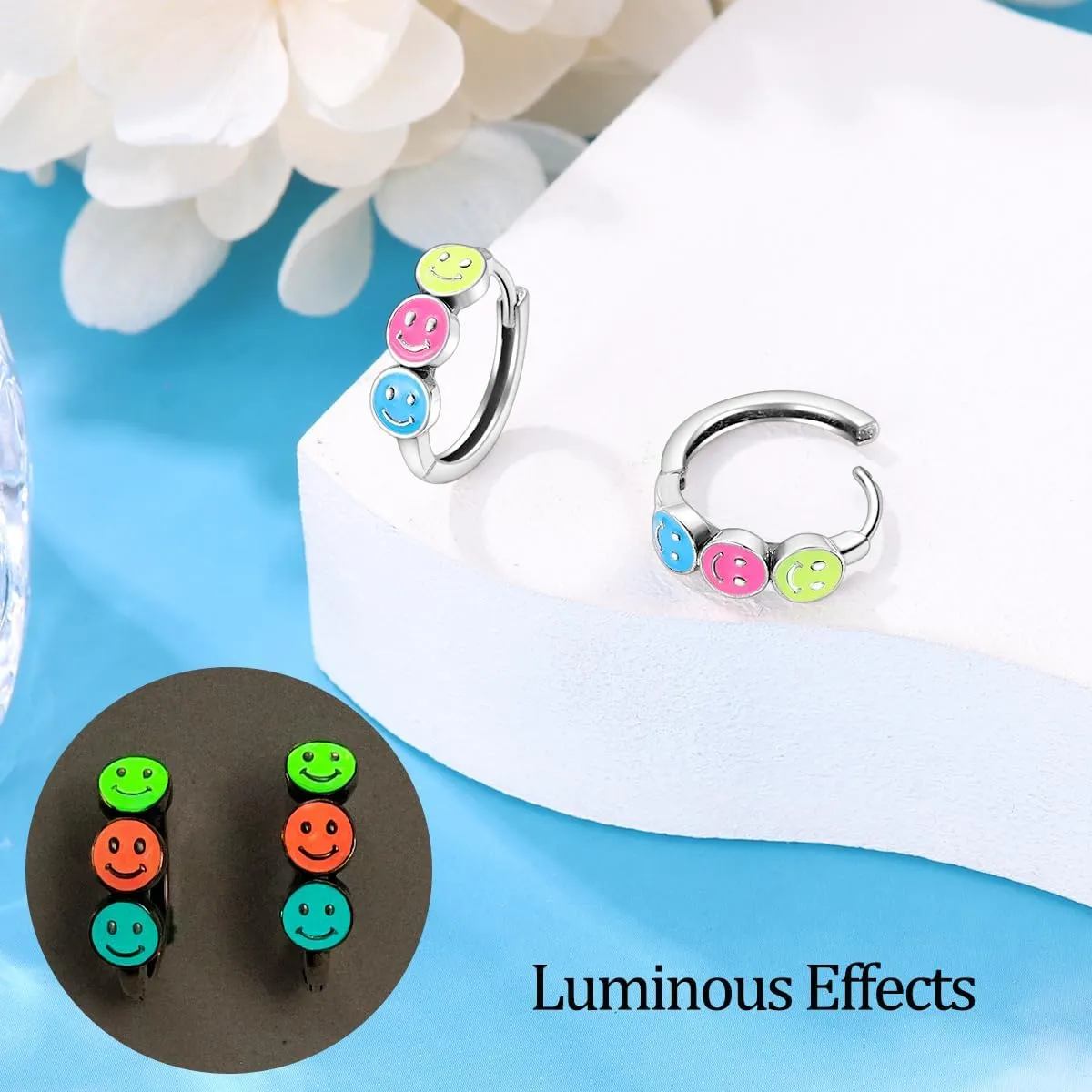925 Sterling Silver Luminous Hoop Earrings for Women - Colorful Cubic Zirconia, Hypoallergenic, Glow in the Dark