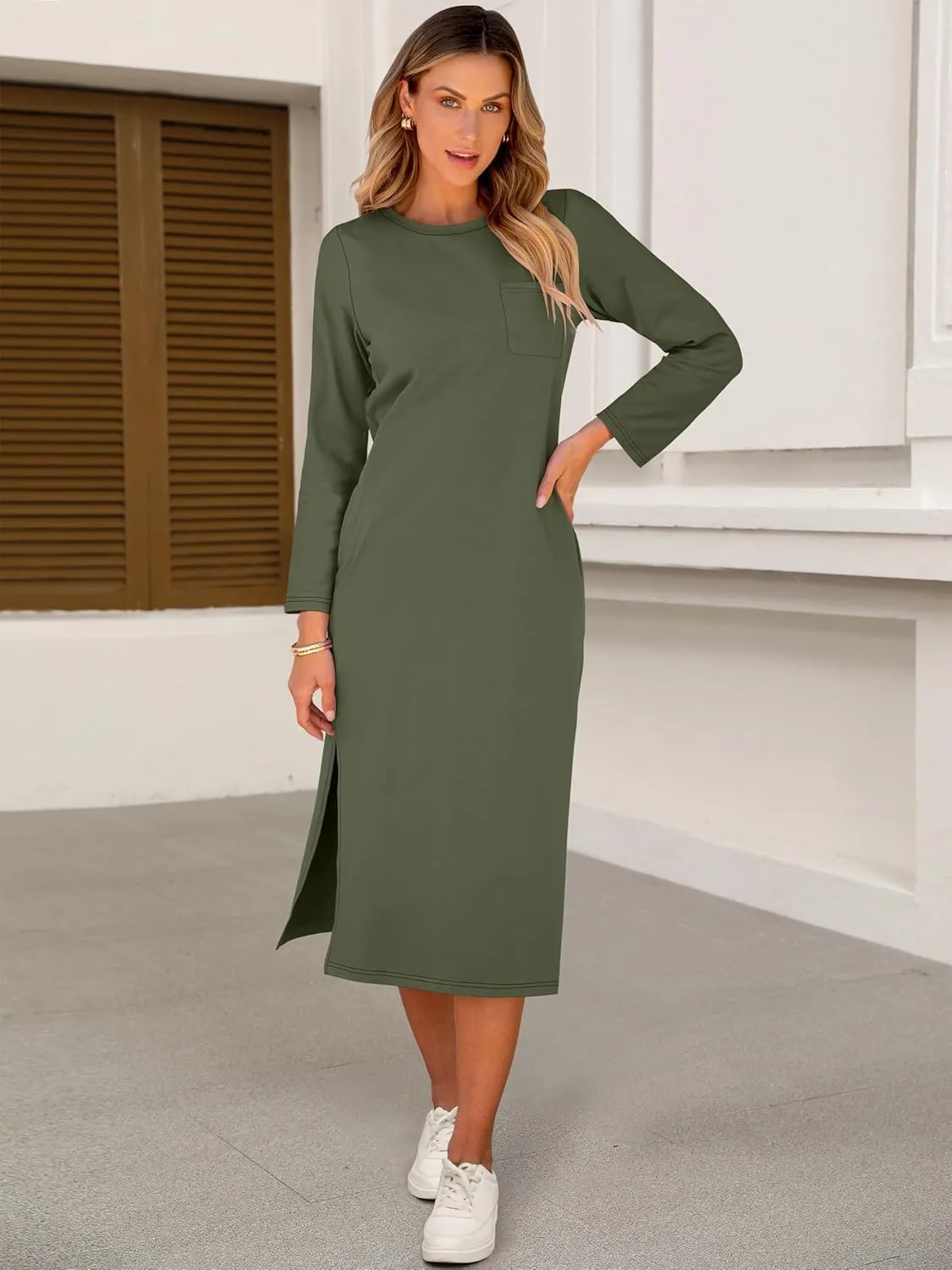 ANRABESS Women 3/4 Long Sleeve Crewneck Striped Casual Slit T Shirt Midi Dresses with Pockets Spring Fall Fashion