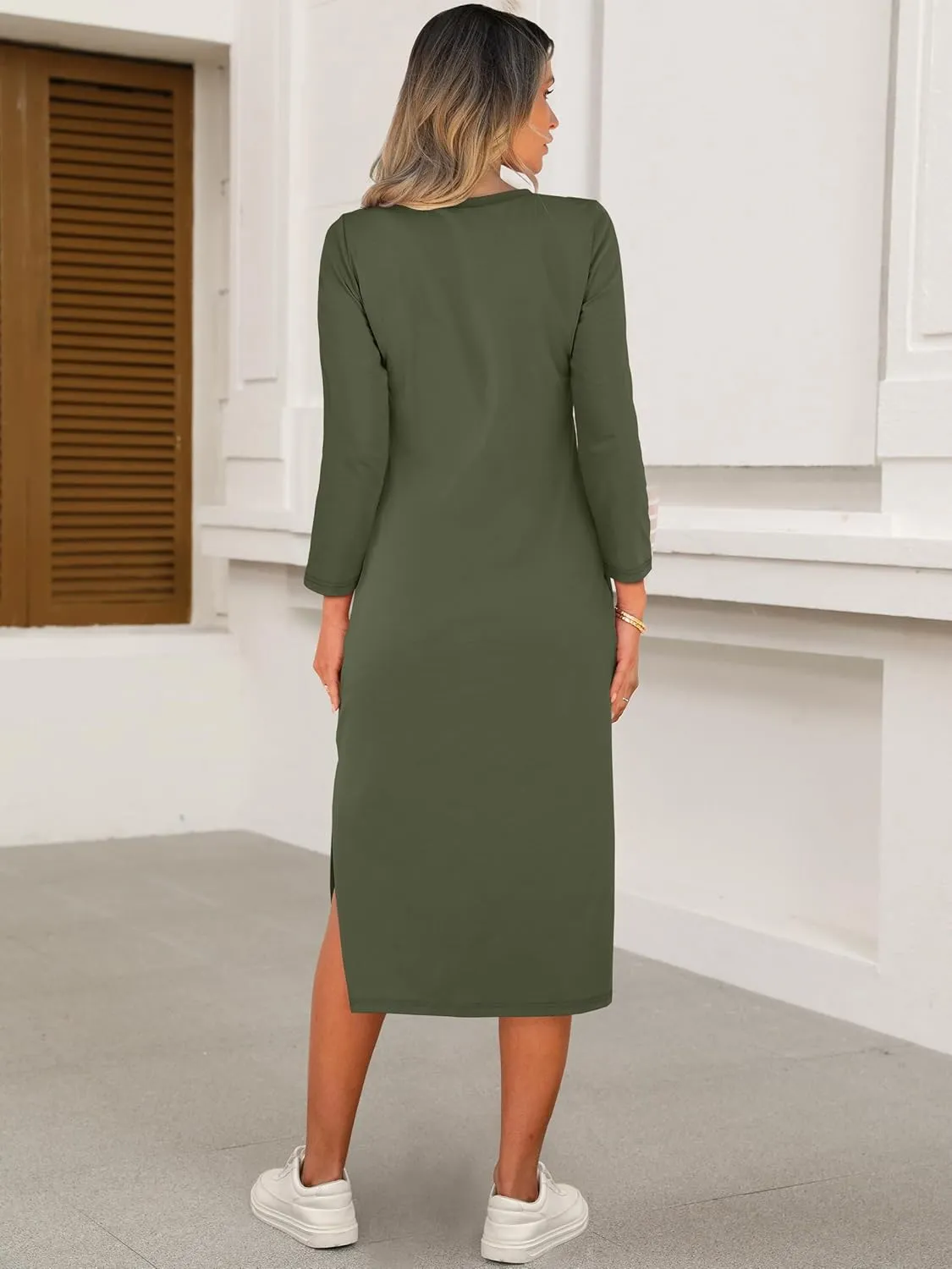 ANRABESS Women 3/4 Long Sleeve Crewneck Striped Casual Slit T Shirt Midi Dresses with Pockets Spring Fall Fashion