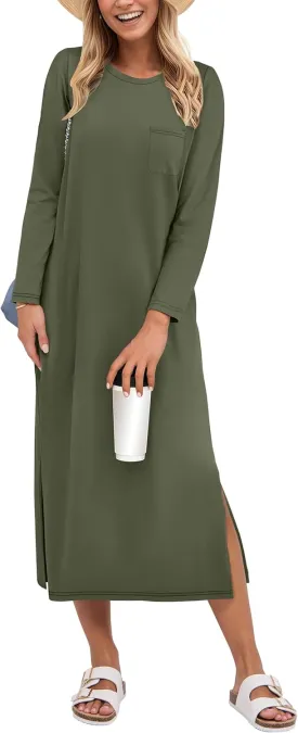 ANRABESS Women 3/4 Long Sleeve Crewneck Striped Casual Slit T Shirt Midi Dresses with Pockets Spring Fall Fashion