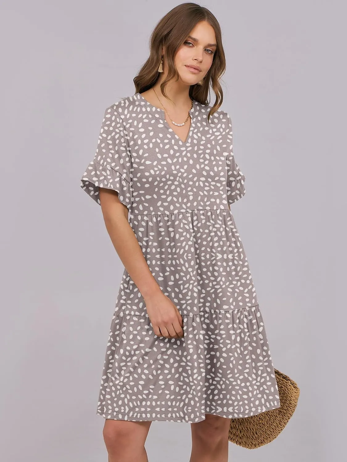 ANRABESS Womens Summer 2025 Trendy Ruffle Short Sleeve V Neck A Line Tiered Flowy Loose Casual Mini Beach Dress with Pockets