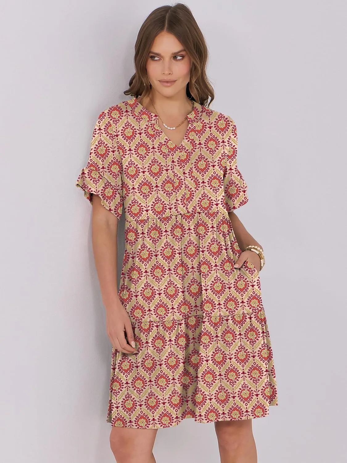 ANRABESS Womens Summer 2025 Trendy Ruffle Short Sleeve V Neck A Line Tiered Flowy Loose Casual Mini Beach Dress with Pockets