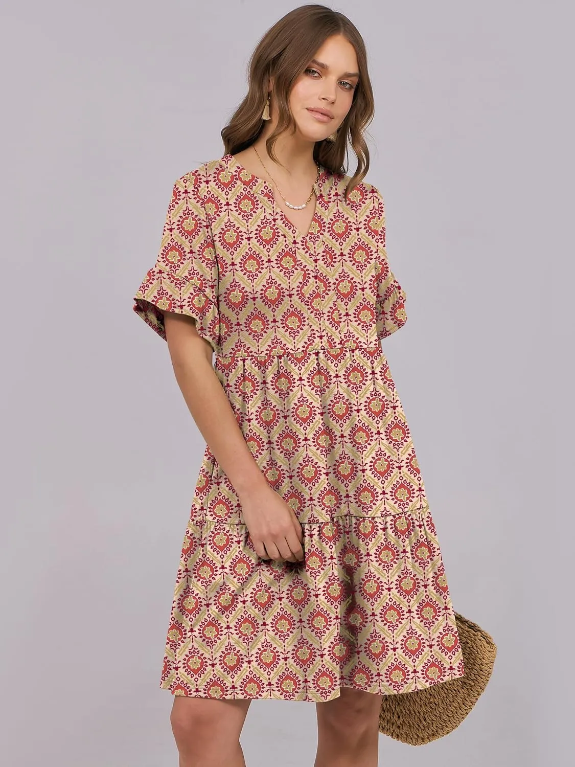 ANRABESS Womens Summer 2025 Trendy Ruffle Short Sleeve V Neck A Line Tiered Flowy Loose Casual Mini Beach Dress with Pockets