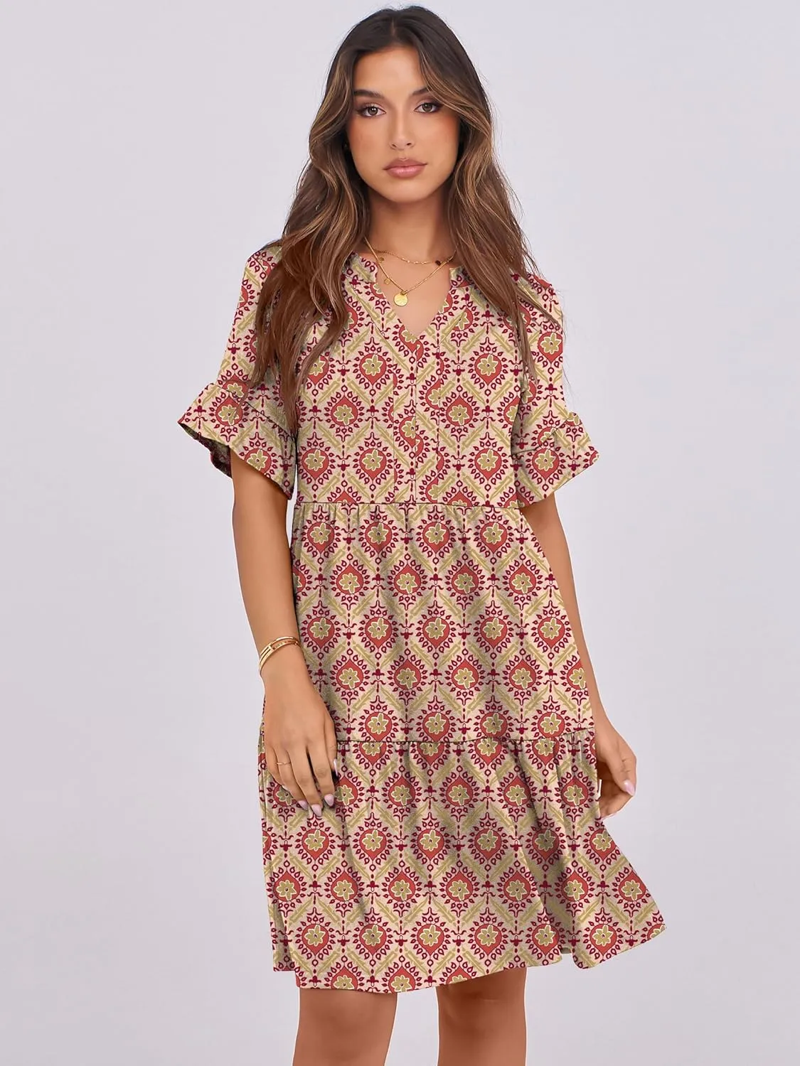 ANRABESS Womens Summer 2025 Trendy Ruffle Short Sleeve V Neck A Line Tiered Flowy Loose Casual Mini Beach Dress with Pockets