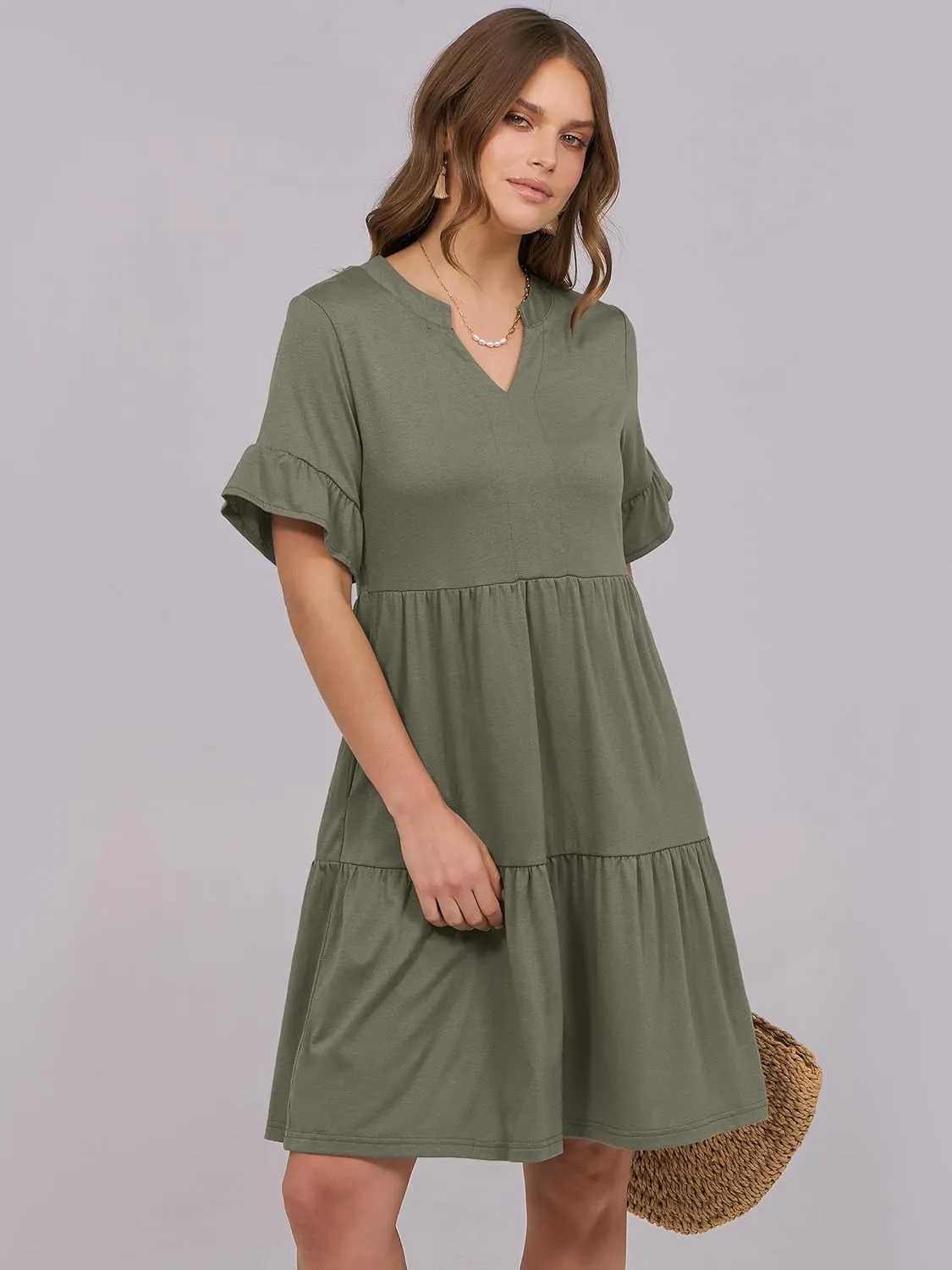 ANRABESS Womens Summer 2025 Trendy Ruffle Short Sleeve V Neck A Line Tiered Flowy Loose Casual Mini Beach Dress with Pockets
