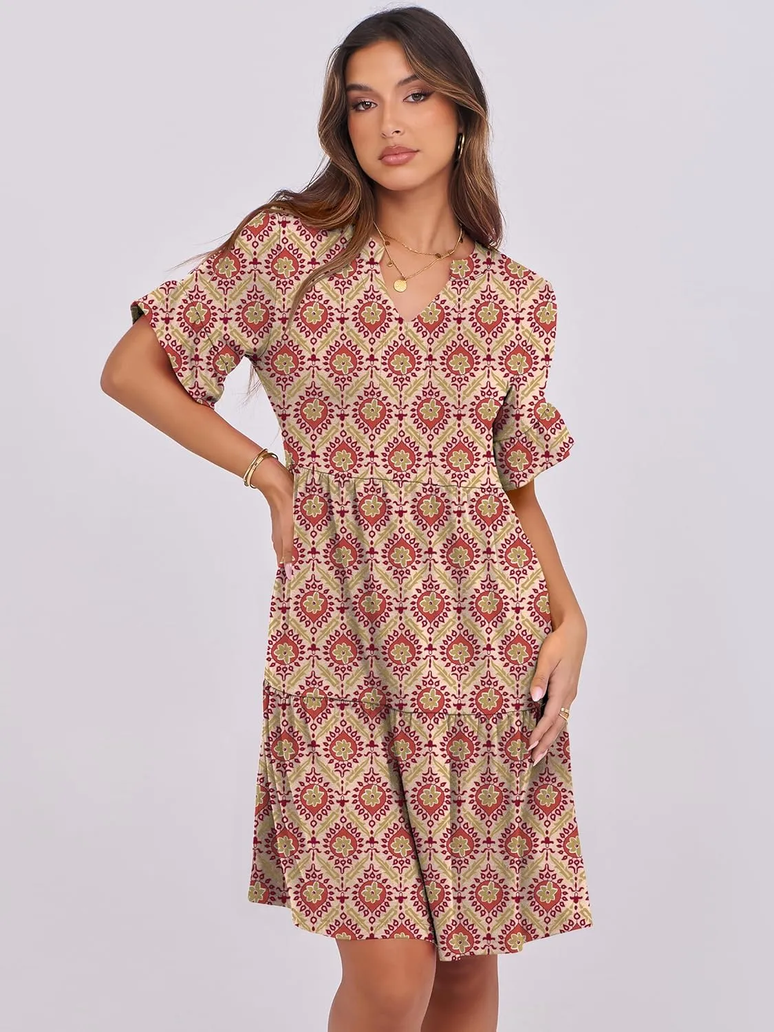 ANRABESS Womens Summer 2025 Trendy Ruffle Short Sleeve V Neck A Line Tiered Flowy Loose Casual Mini Beach Dress with Pockets