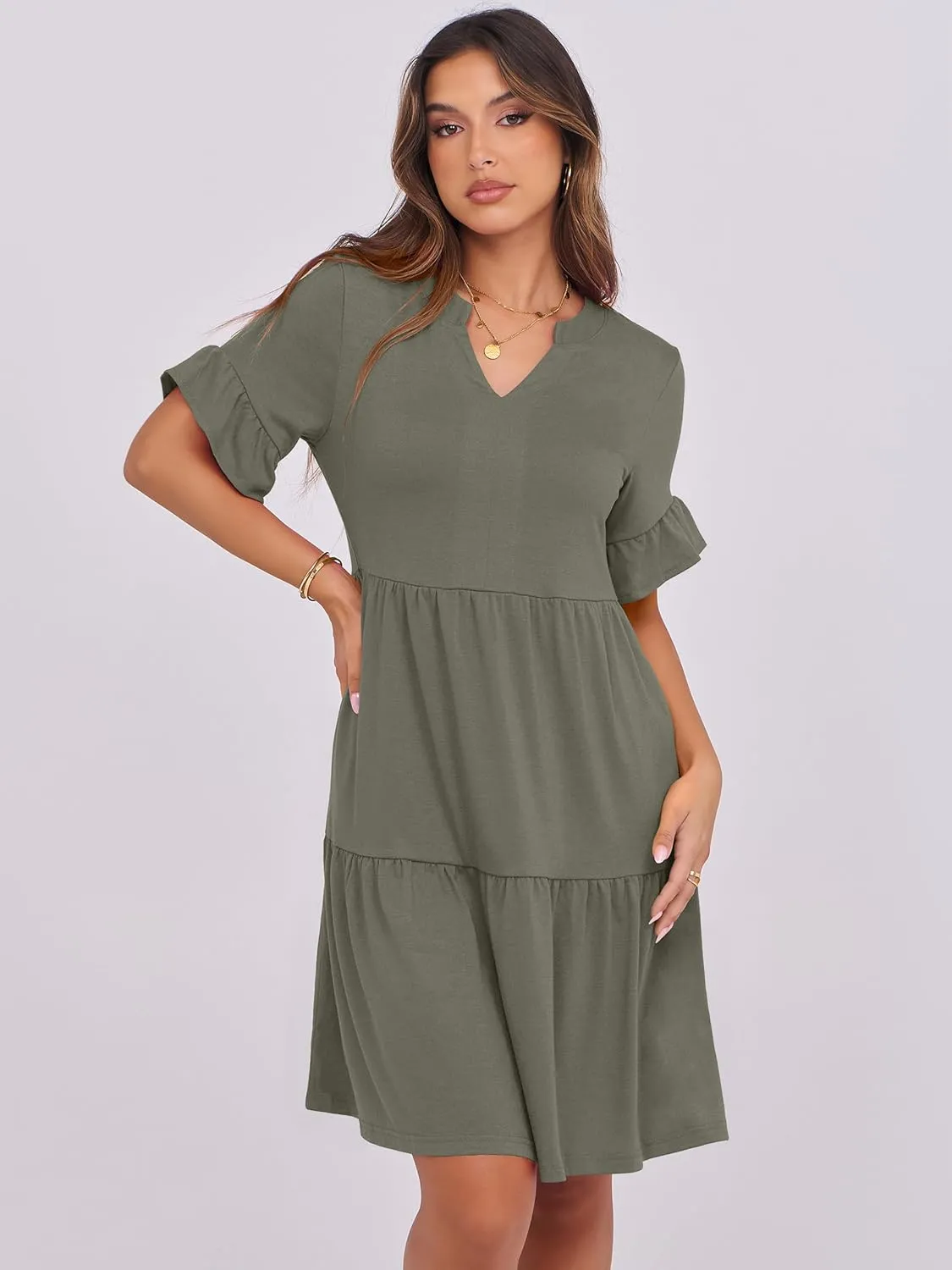 ANRABESS Womens Summer 2025 Trendy Ruffle Short Sleeve V Neck A Line Tiered Flowy Loose Casual Mini Beach Dress with Pockets