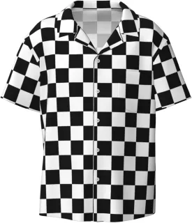 BREAUX Black and White Checkered Print Men's Fashionable Cuban Collar Shirts for Tropical Parties and Casual Occasions