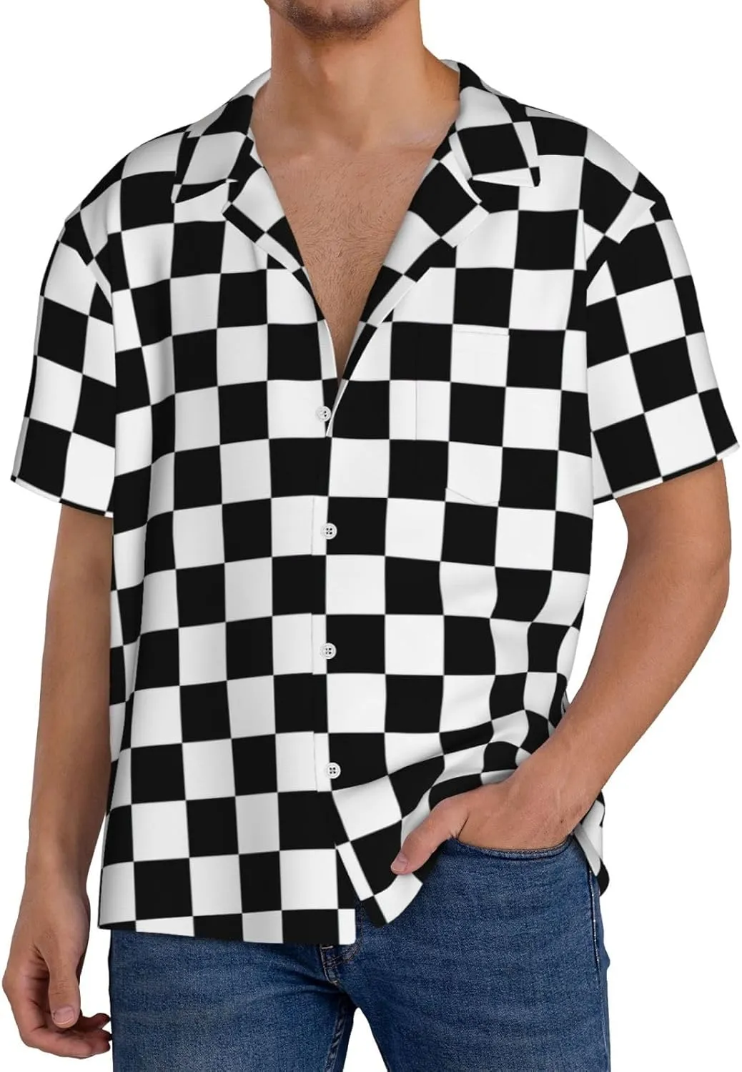 BREAUX Black and White Checkered Print Men's Fashionable Cuban Collar Shirts for Tropical Parties and Casual Occasions
