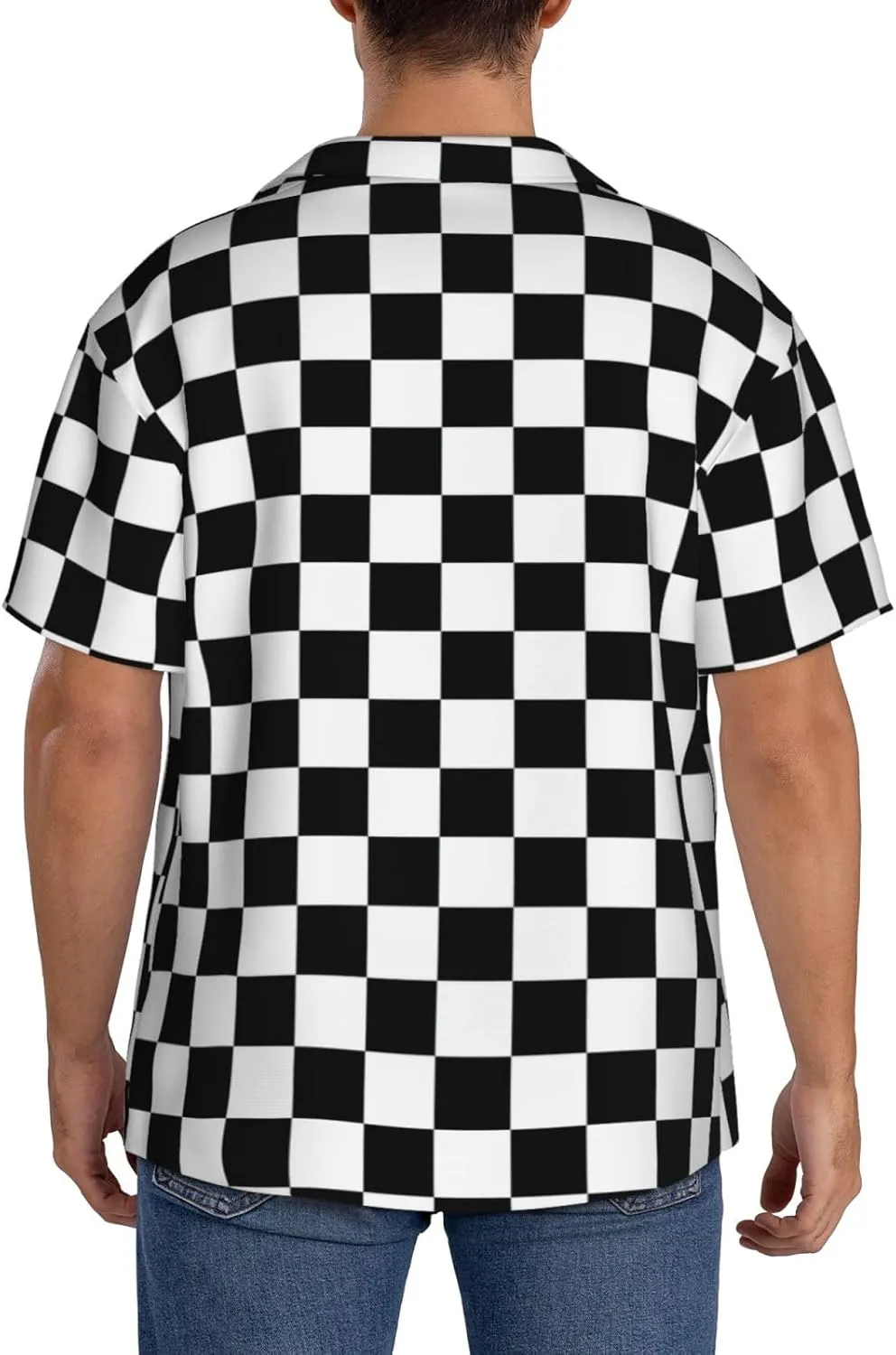 BREAUX Black and White Checkered Print Men's Fashionable Cuban Collar Shirts for Tropical Parties and Casual Occasions