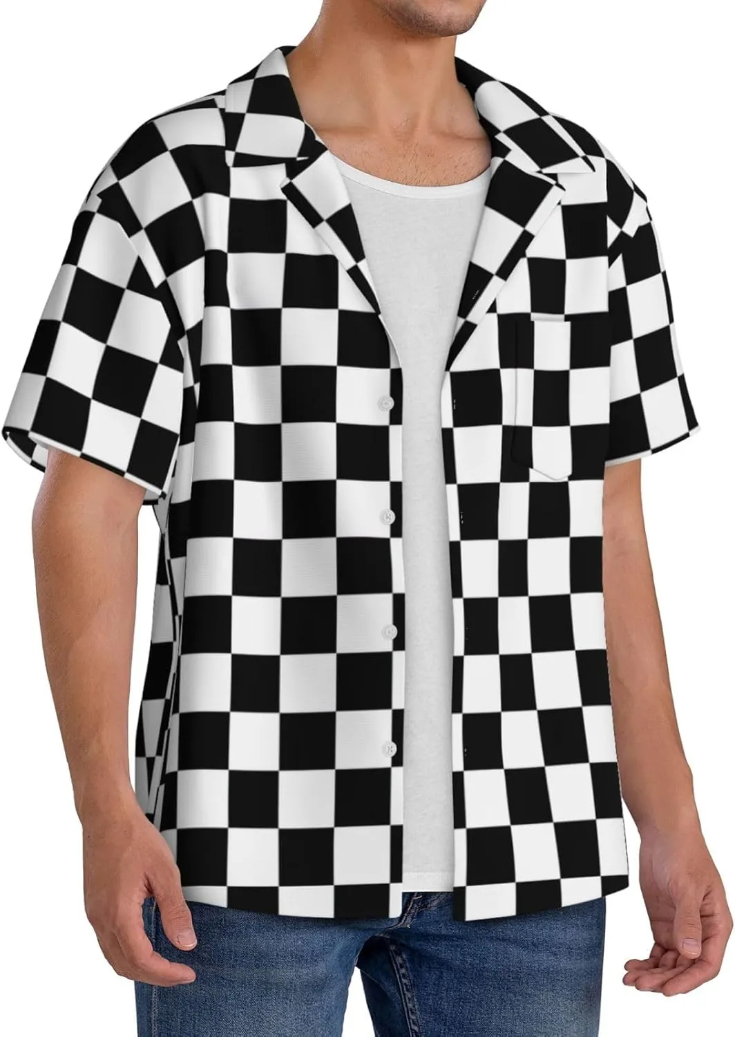 BREAUX Black and White Checkered Print Men's Fashionable Cuban Collar Shirts for Tropical Parties and Casual Occasions