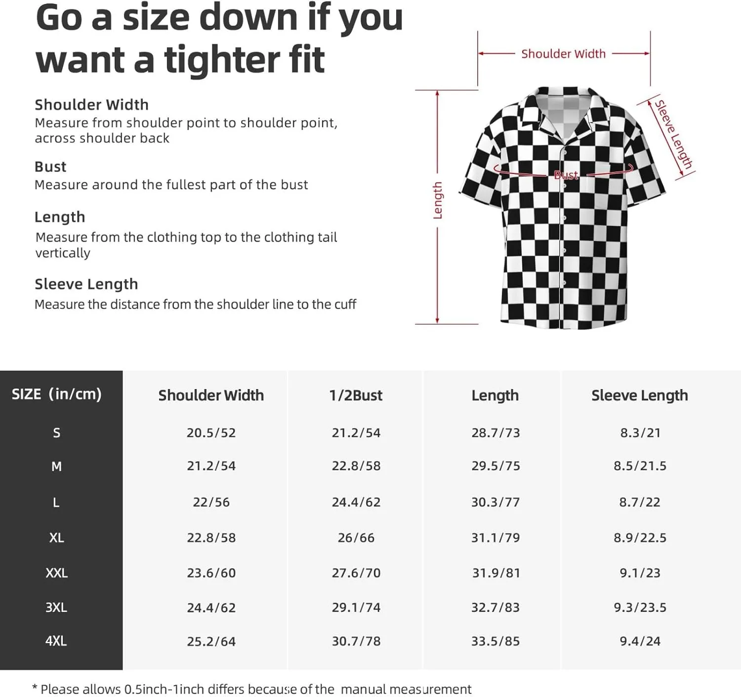 BREAUX Black and White Checkered Print Men's Fashionable Cuban Collar Shirts for Tropical Parties and Casual Occasions