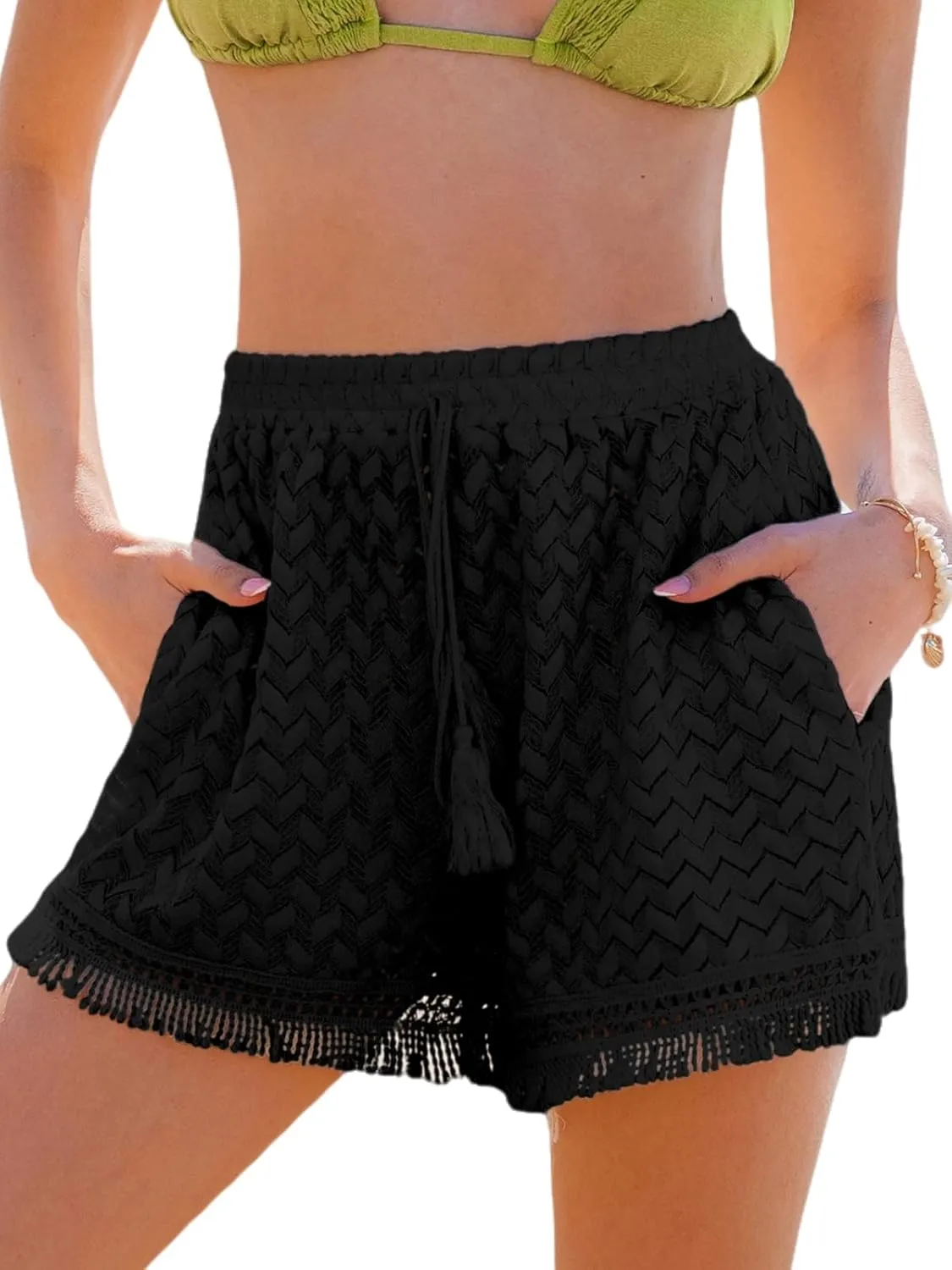 CUPSHE Women's Casual Shorts Drawstring Lace Swimsuit Cover Ups Beach Shorts with Tassel