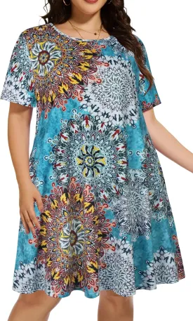 elescat Plus Size Summer Dresses for Women Casual Short Sleeve Pockets Loose Oversized T Shirt Sundress