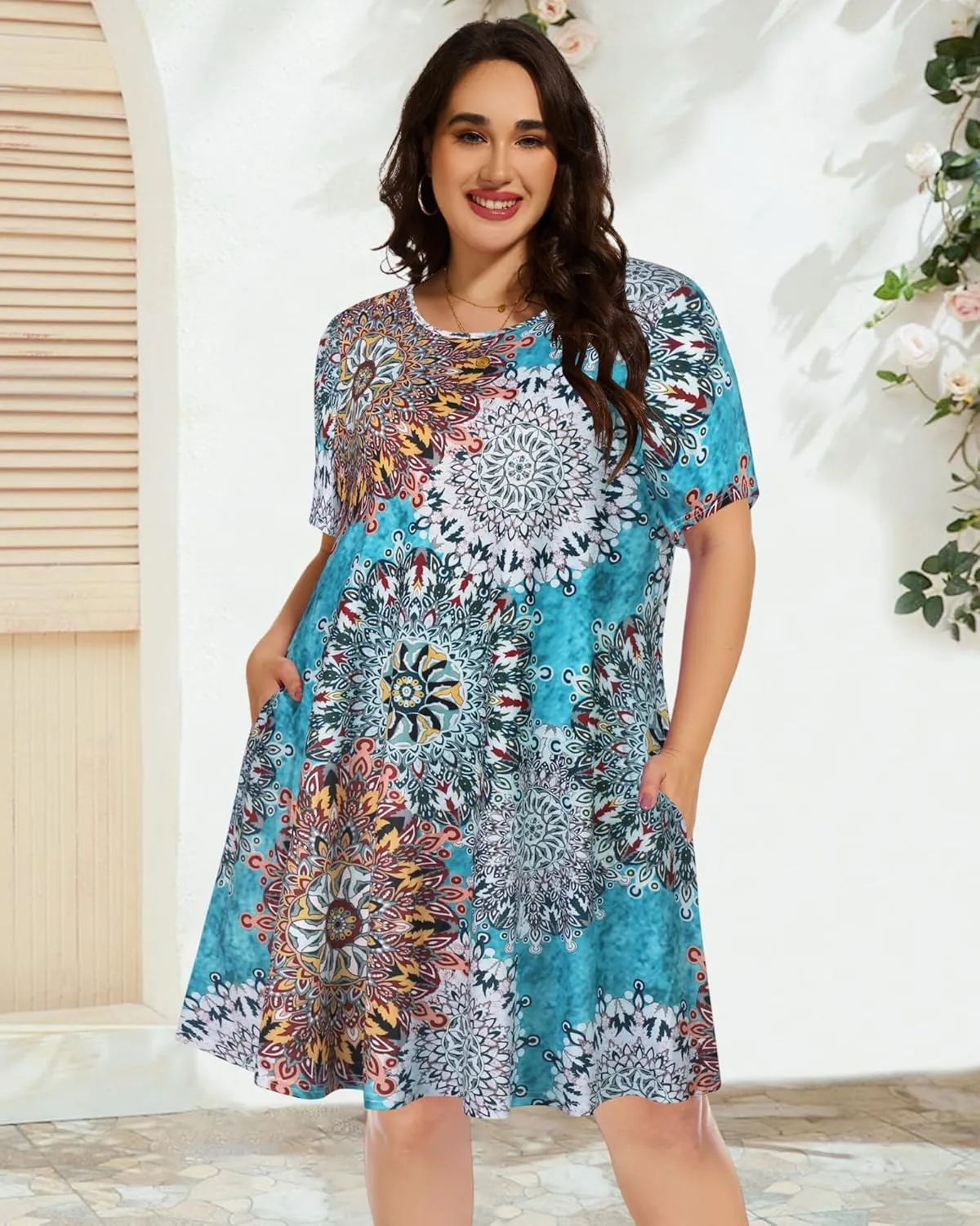 elescat Plus Size Summer Dresses for Women Casual Short Sleeve Pockets Loose Oversized T Shirt Sundress