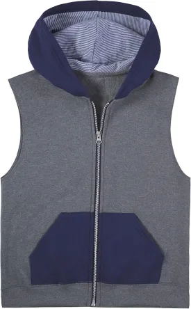 Fruit of the Loom Boys' Fleece Full Zip Sleeveless Vest, Charcoal Heather/Ghost Times Square Navy Stripe, Medium
