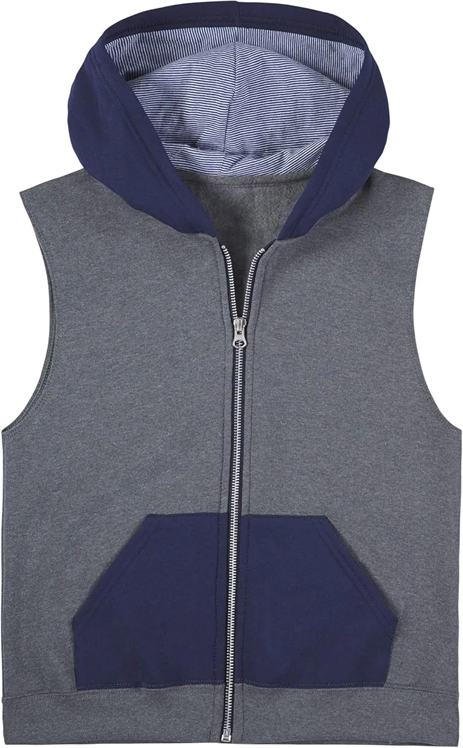 Fruit of the Loom Boys' Fleece Full Zip Sleeveless Vest, Charcoal Heather/Ghost Times Square Navy Stripe, Medium