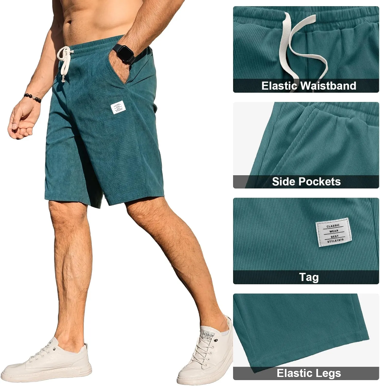 HOTake Mens Corduroy Shorts Casual Elastic Waist Drawstring Summer Beach Loose Fit Shorts