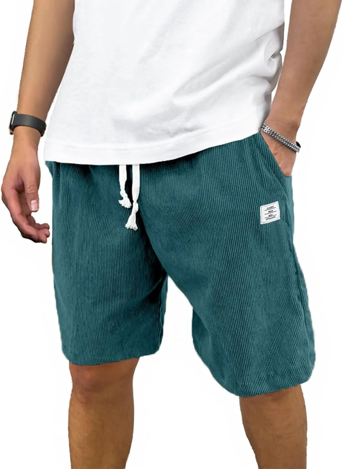 HOTake Mens Corduroy Shorts Casual Elastic Waist Drawstring Summer Beach Loose Fit Shorts