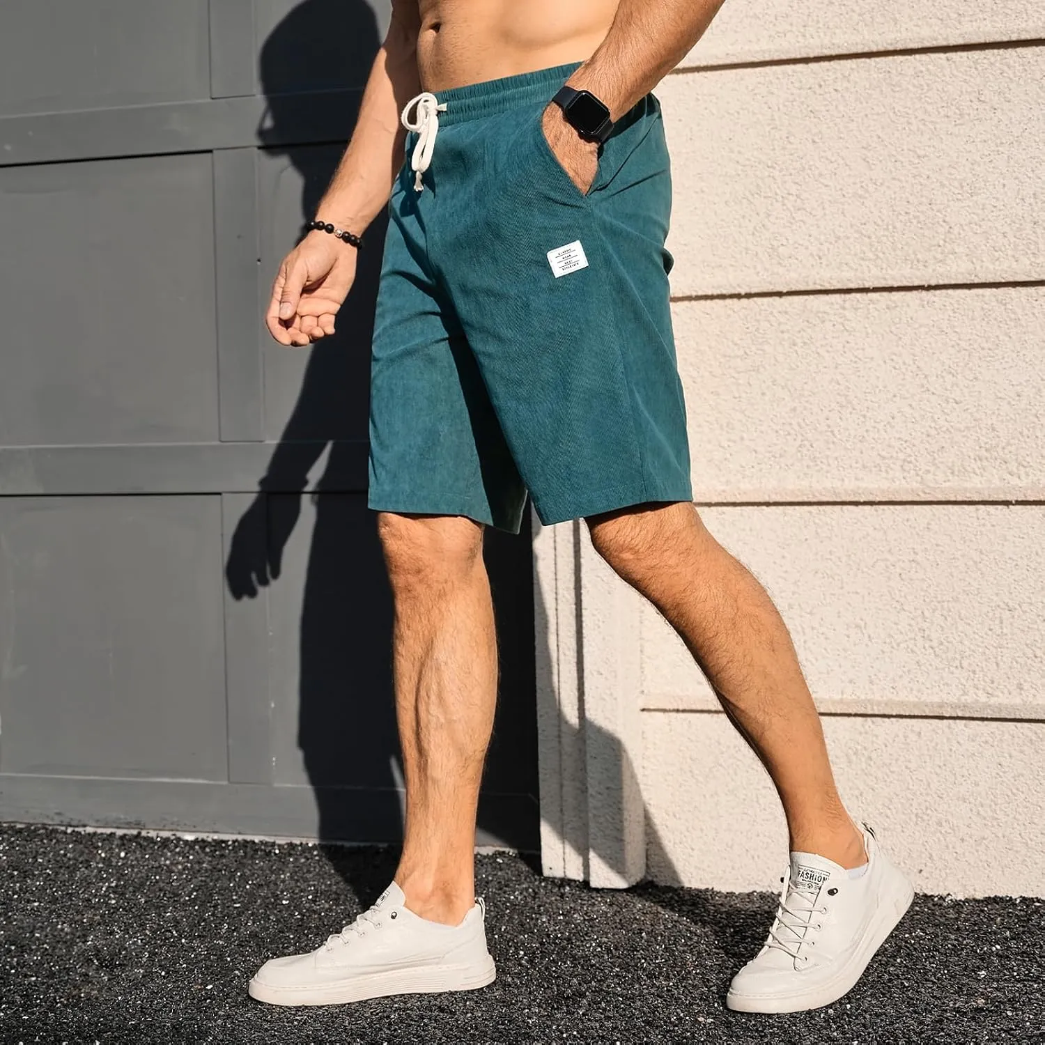 HOTake Mens Corduroy Shorts Casual Elastic Waist Drawstring Summer Beach Loose Fit Shorts
