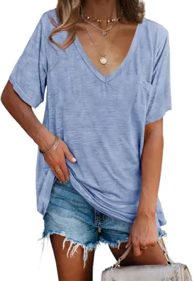 imesrun Womens V Neck Tshirts Short Sleeve Loose Casual Summer Tops with Pocket