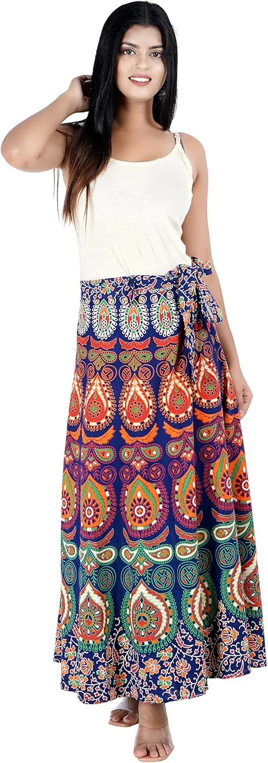 Indian Wrap Around Long Skirt 100% Cotton Jaipuri Printed Mandala Free Size for Women Thanksgiving Gift