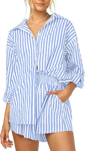ISZPLUSH Womens 2 Piece Casual Sets Outfits Sets Relaxed Long Sleeve Shirt Loose High Waisted Side Pocket Shorts Set