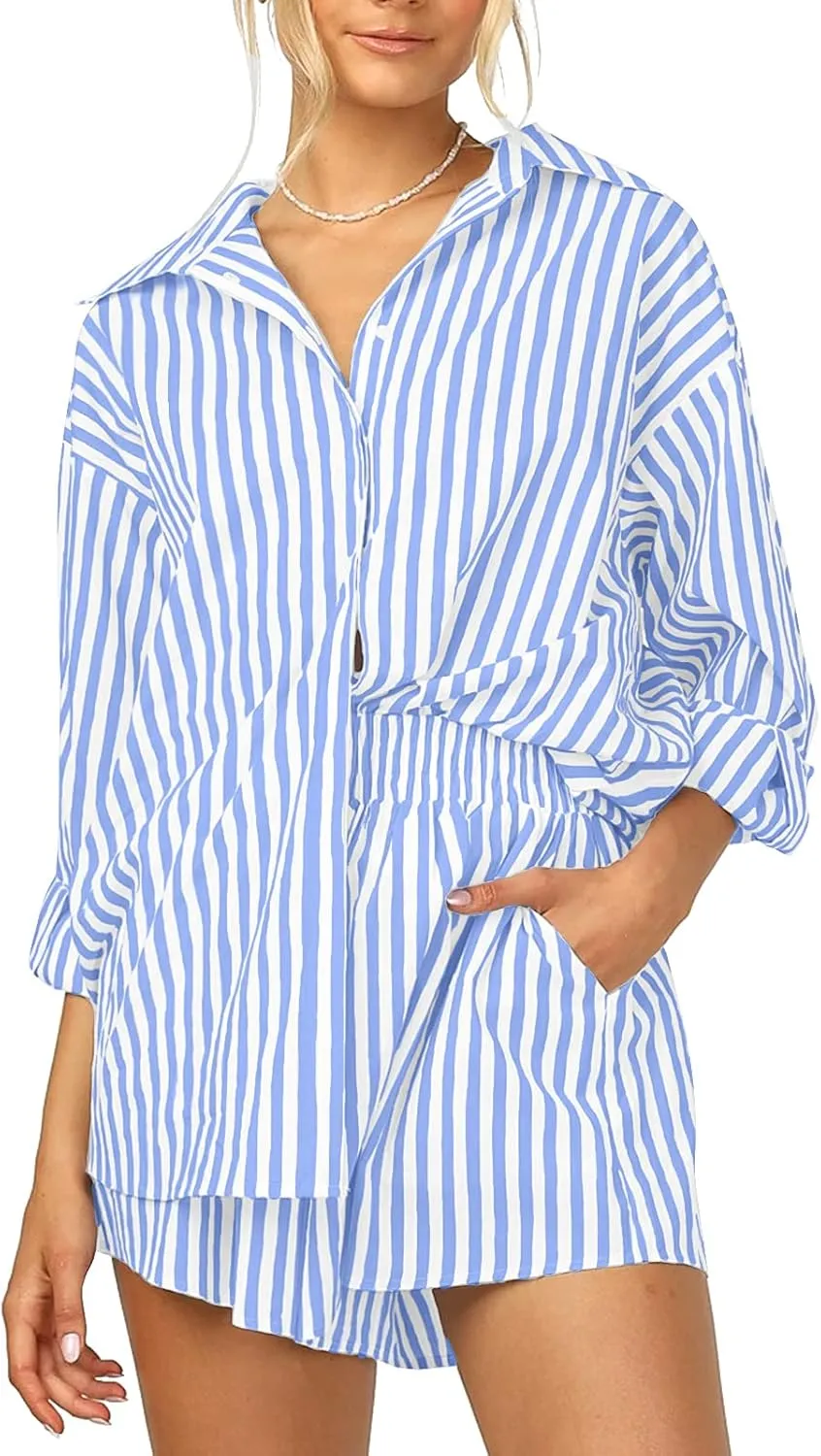 ISZPLUSH Womens 2 Piece Casual Sets Outfits Sets Relaxed Long Sleeve Shirt Loose High Waisted Side Pocket Shorts Set