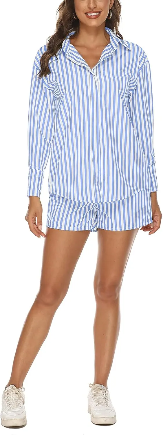ISZPLUSH Womens 2 Piece Casual Sets Outfits Sets Relaxed Long Sleeve Shirt Loose High Waisted Side Pocket Shorts Set