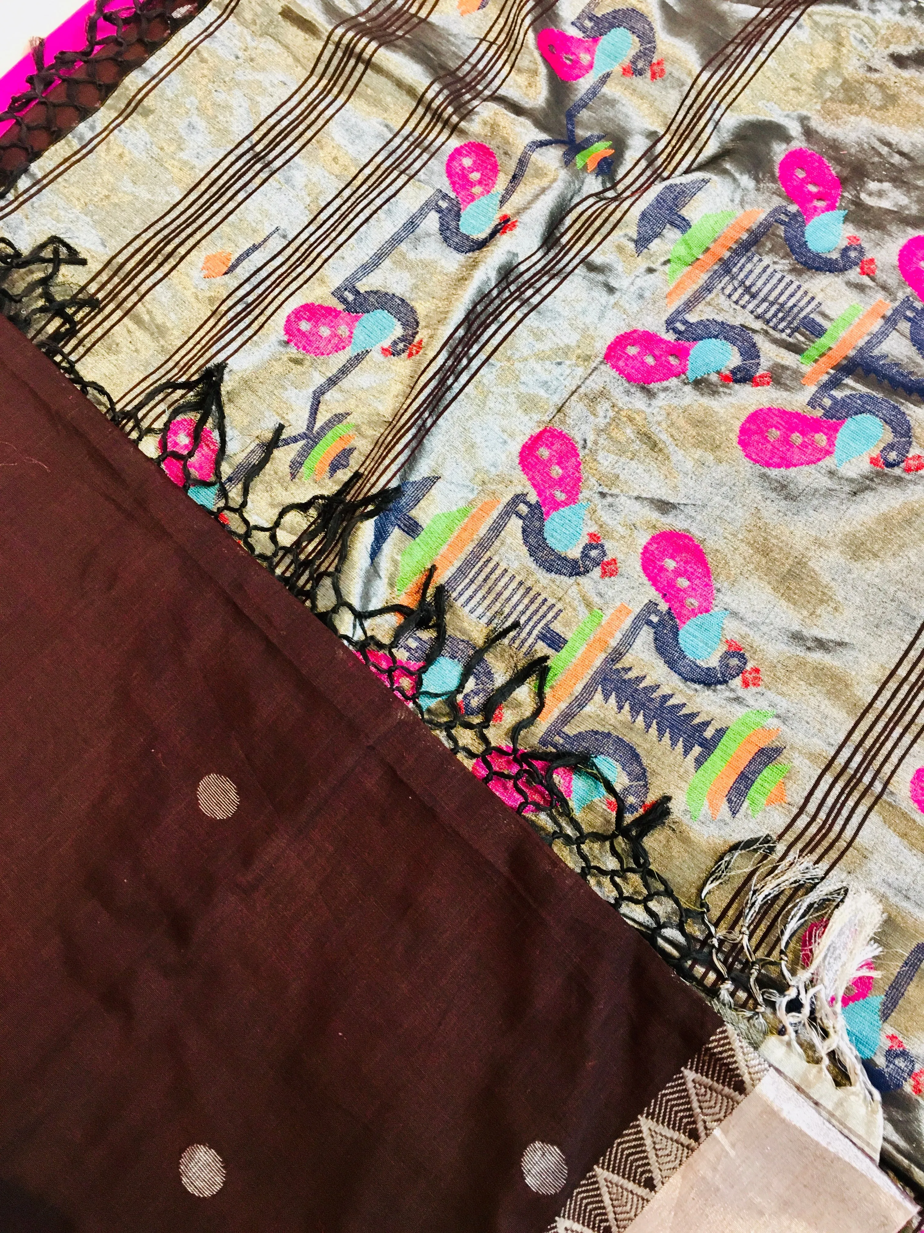 KSS205 - Pure Handloom Mercerized  Cotton Saree in Brown with silver borders with Paithani  Pallu. Handloom Mark Certified.