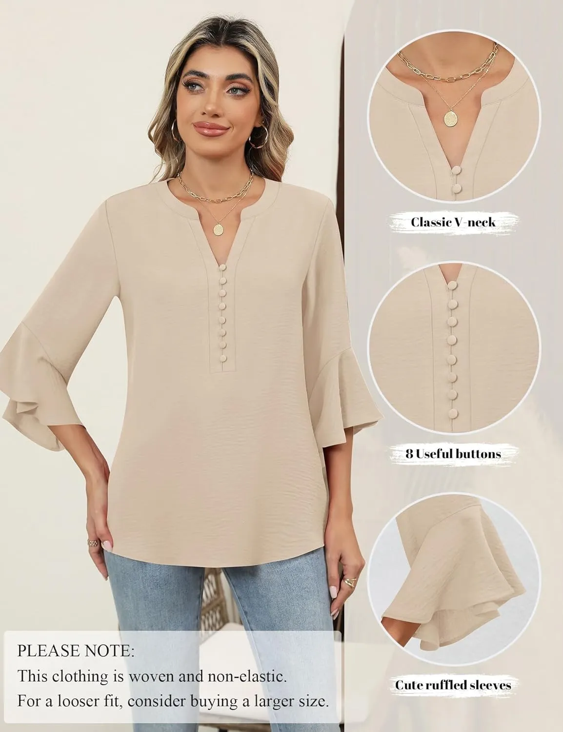 LOMON V-Neck 8-Button Dressy Blouses Polyester Woven Flowy Shirts Ruffle 3/4 Sleeve Tops Work Business Casual Tops S-XXL