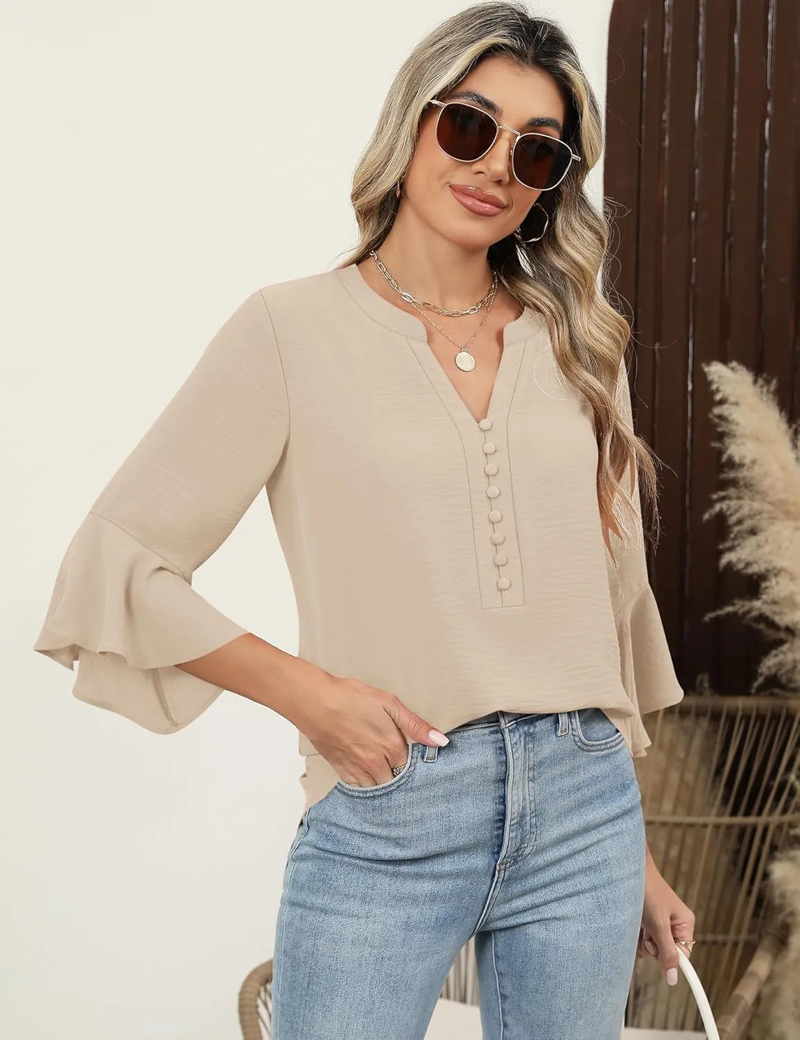LOMON V-Neck 8-Button Dressy Blouses Polyester Woven Flowy Shirts Ruffle 3/4 Sleeve Tops Work Business Casual Tops S-XXL