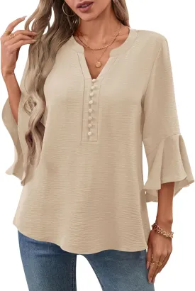 LOMON V-Neck 8-Button Dressy Blouses Polyester Woven Flowy Shirts Ruffle 3/4 Sleeve Tops Work Business Casual Tops S-XXL