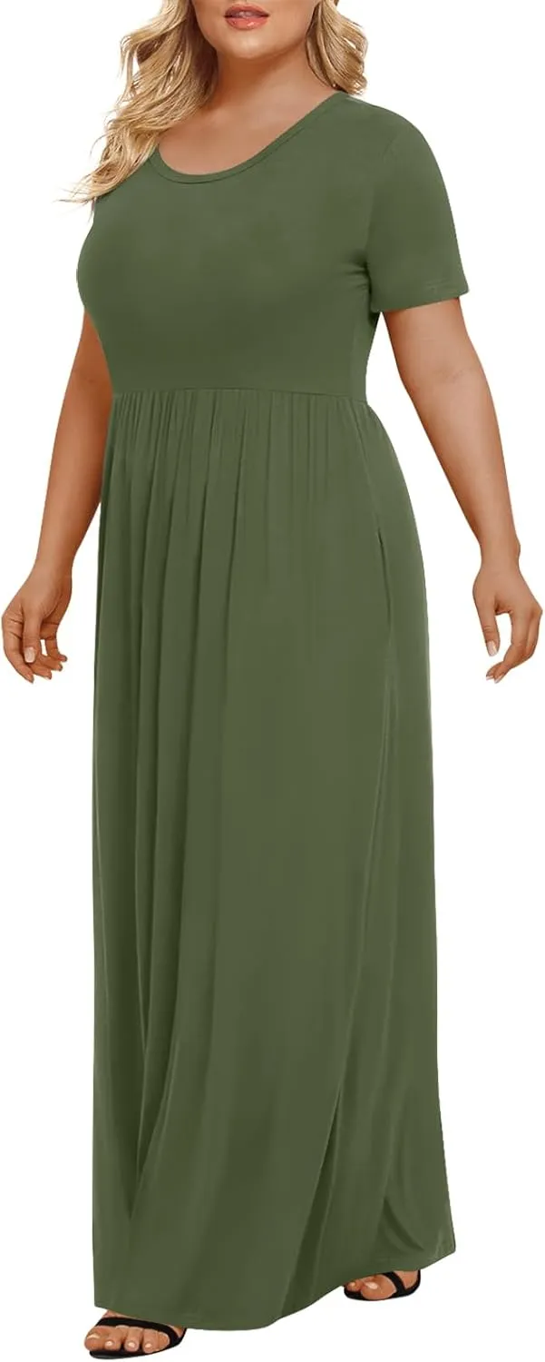 LONGYUAN Women's Plus Size Maxi Dresses for Curvy Women Summer Short Sleeve Casual 2025 Long Dress XL-6XL