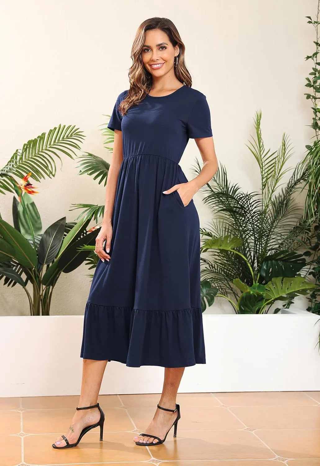 Manydress Womens Summer Casual Tiered Dress Short Sleeve Ruffle Swing Midi Dresses with Pockets MY148