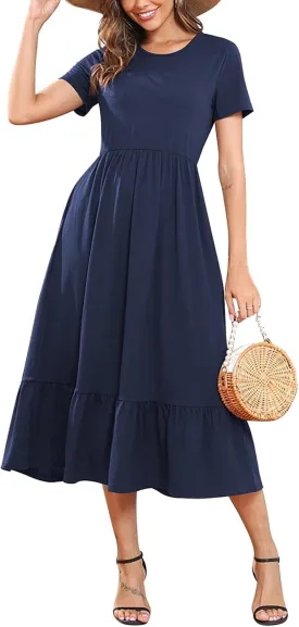 Manydress Womens Summer Casual Tiered Dress Short Sleeve Ruffle Swing Midi Dresses with Pockets MY148
