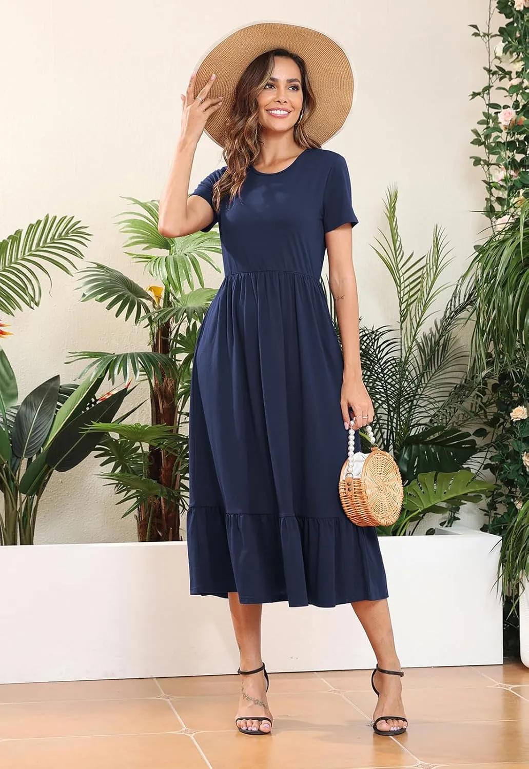 Manydress Womens Summer Casual Tiered Dress Short Sleeve Ruffle Swing Midi Dresses with Pockets MY148
