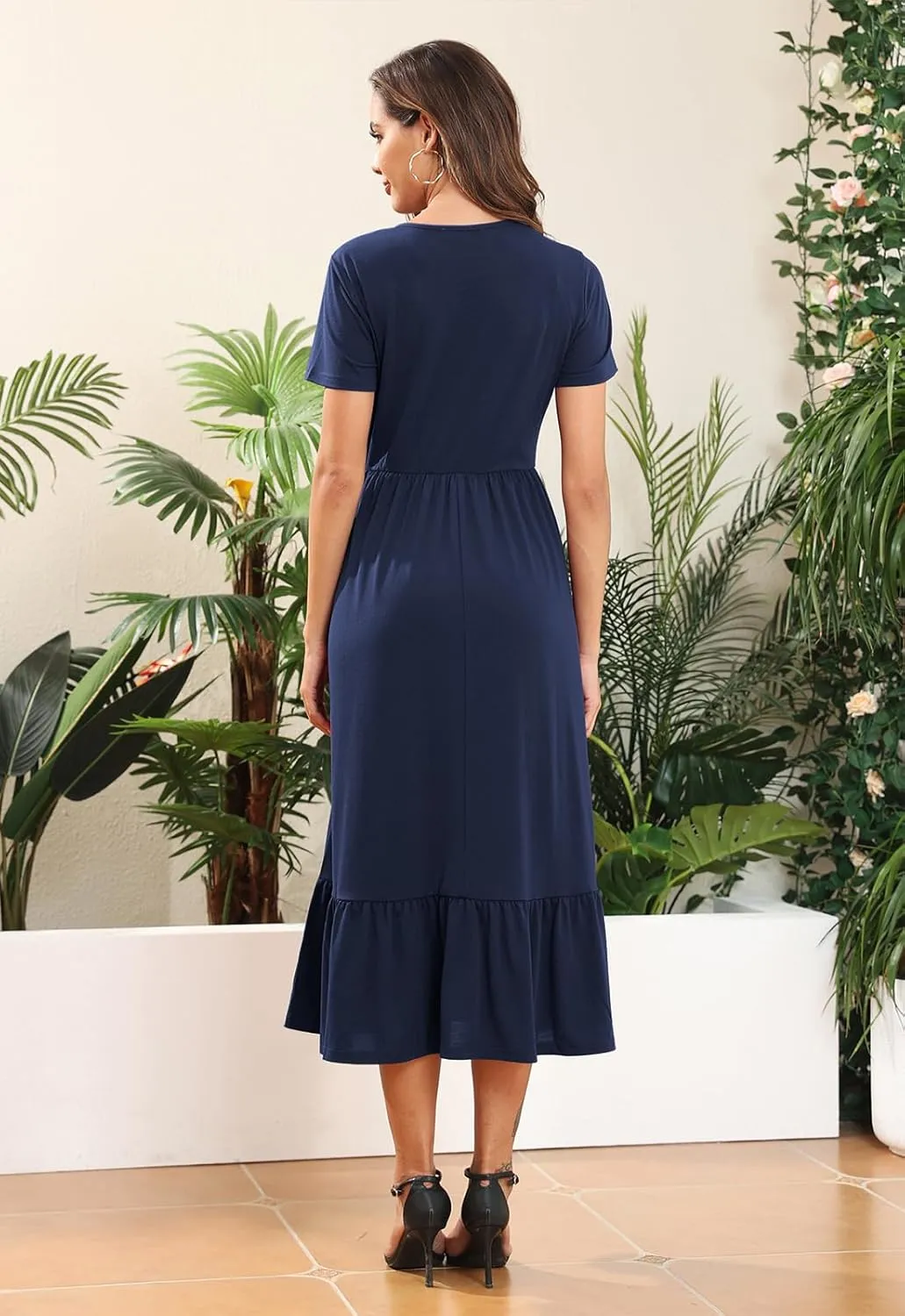 Manydress Womens Summer Casual Tiered Dress Short Sleeve Ruffle Swing Midi Dresses with Pockets MY148