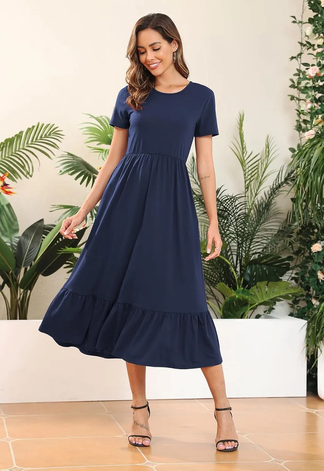 Manydress Womens Summer Casual Tiered Dress Short Sleeve Ruffle Swing Midi Dresses with Pockets MY148