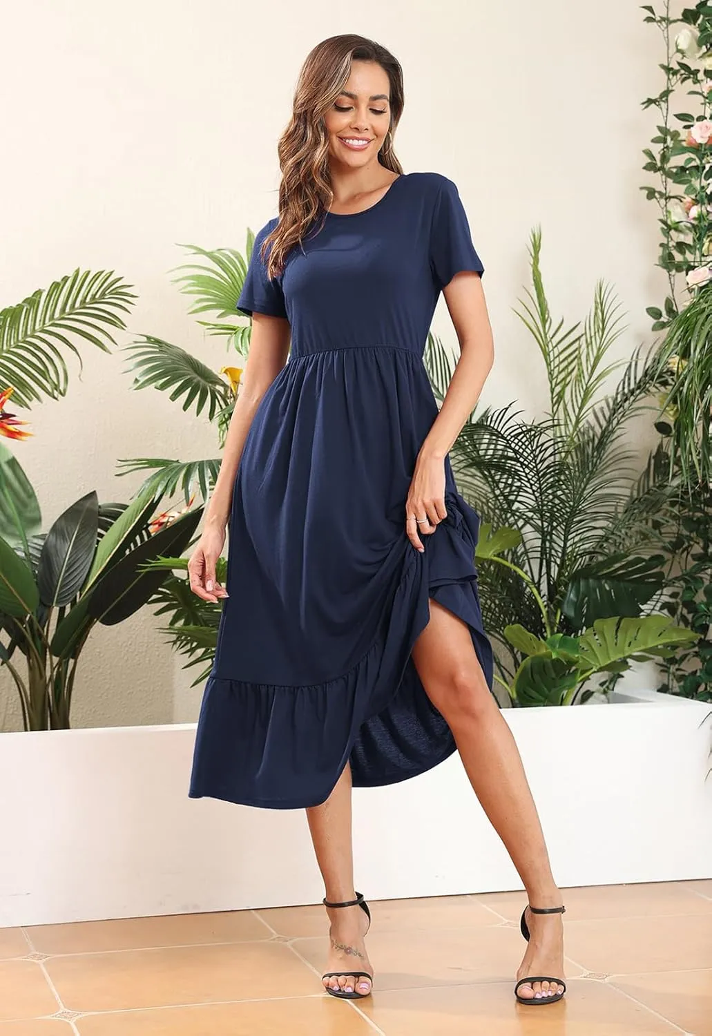 Manydress Womens Summer Casual Tiered Dress Short Sleeve Ruffle Swing Midi Dresses with Pockets MY148