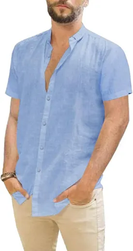 Mens Casual Linen Button Down Short Sleeve Shirts Beach Summer Spread Collar Pocket Tops
