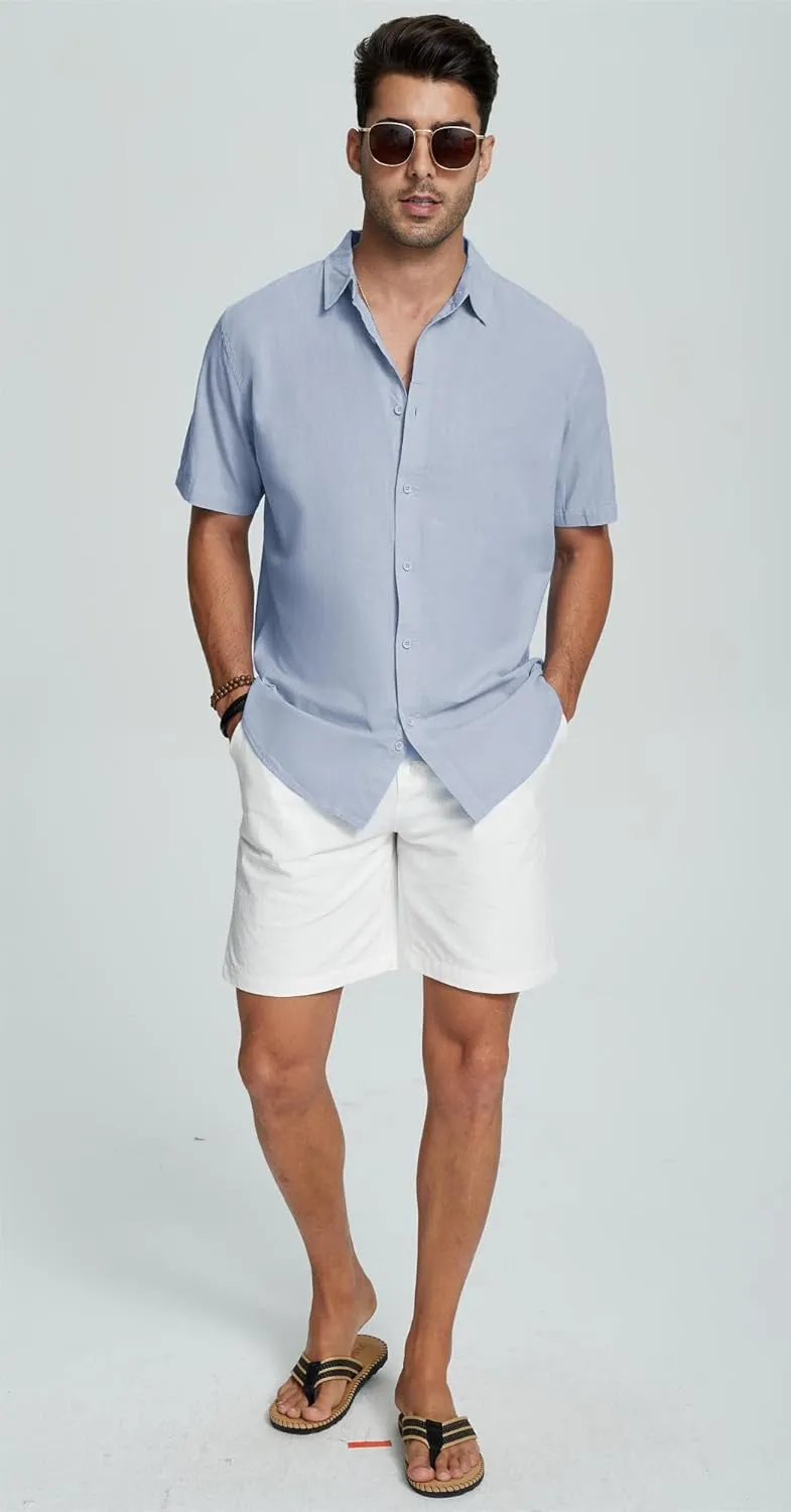 Mens Casual Linen Button Down Short Sleeve Shirts Beach Summer Spread Collar Pocket Tops