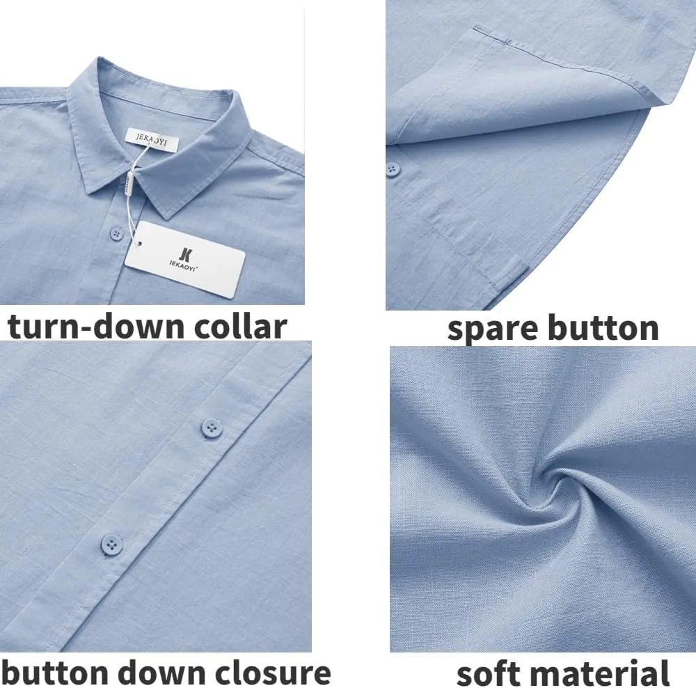 Mens Casual Linen Button Down Short Sleeve Shirts Beach Summer Spread Collar Pocket Tops