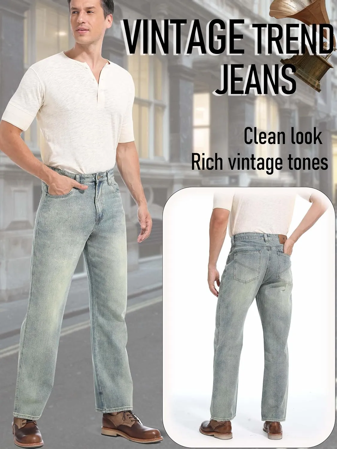 Men's Loose Fit Jeans Wide Leg Medium Weight Denim Pants Vintage Washed