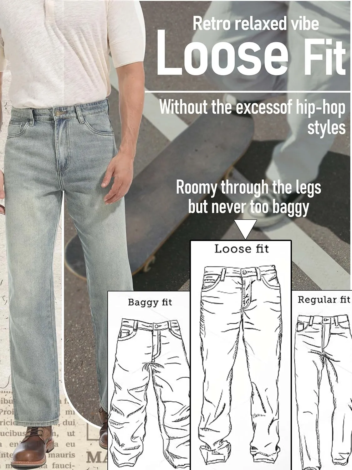 Men's Loose Fit Jeans Wide Leg Medium Weight Denim Pants Vintage Washed