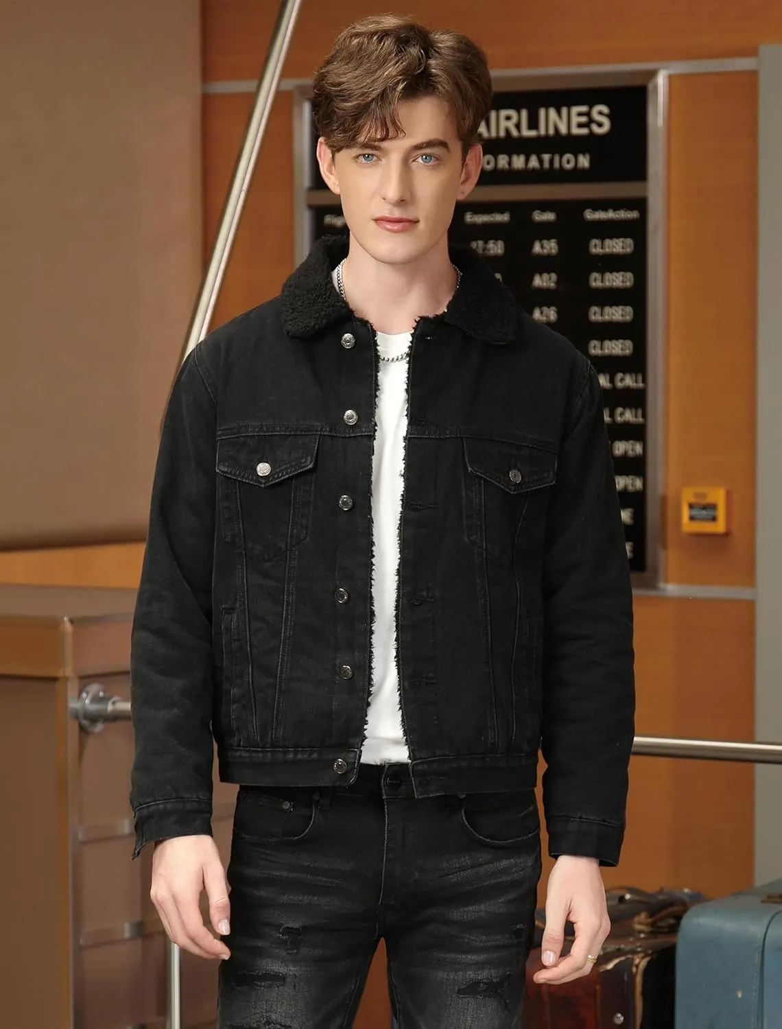 Men's Sherpa Lined Denim Jacket Winter Cotton Fleece Jean Trucker Jacket Coat