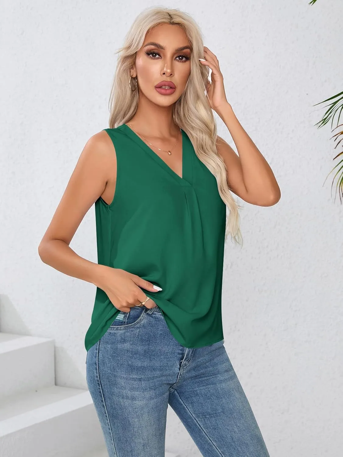 Milumia Women Sleeveless V Neck Work Office Blouse Pleated Tank Top Shirt